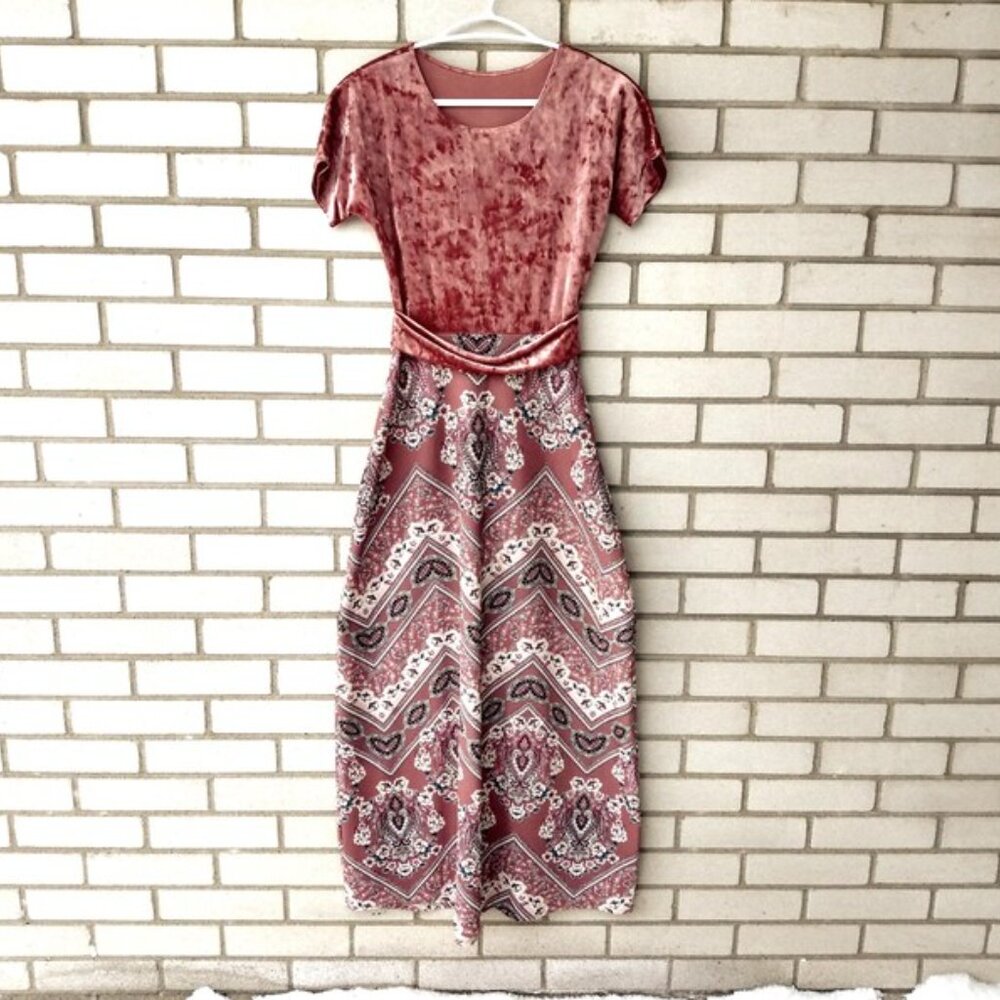 Vintage Handmade Dress Pink Crushed Velour XS Maxi Floral Modest Mennonite